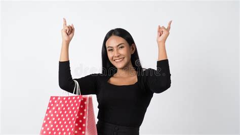 Woman Shopping Portrait Of Beautiful Girl Holding Shopping Bags Stock