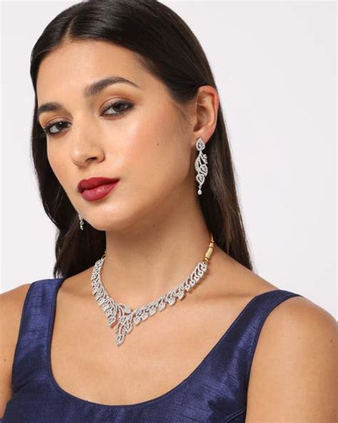 Buy Silver Plated American Diamond Studded Necklace Earrings Set