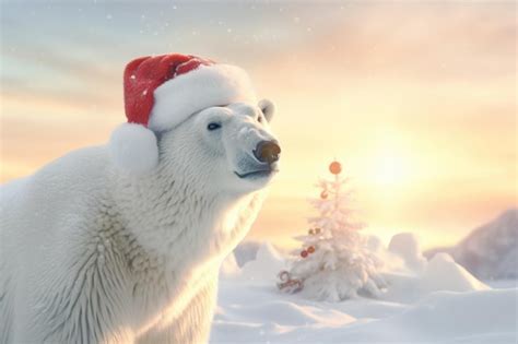 Un Ours Polaire Blanc Dans Un Chapeau Rouge De P Re No L Concept De