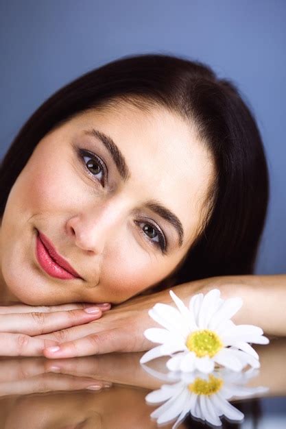 Premium Photo Portrait Of Smiling Brunette Woman Looking At Camera Beauty Concept