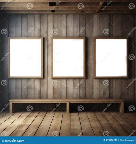 Wooden Sauna Room With Three Empty White Picture Frames Created With