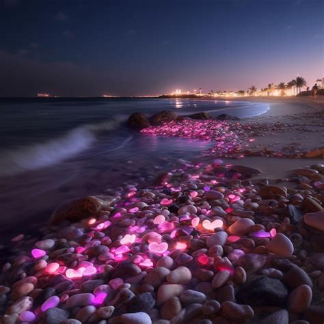 Premium Photo Rocks With Glowing Pink Lights Are On The Beach At Night