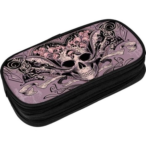 Trousse Crayons Avec Motif T Te De Mort Et Fleurs Roses Grande