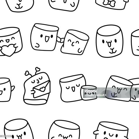 Kawaii Marshmallow Cute Face Character Seamless Pattern Coloring Page