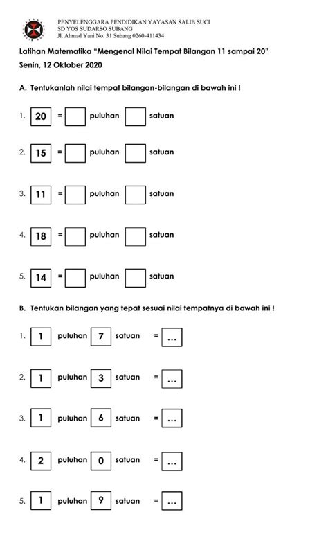 Nilai Tempat Bilangan 11 20 Worksheet English Worksheets For Kids