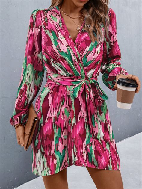 Shein Vcay Allover Print Lantern Sleeve Belted Wrap Hem Dress Shein Usa