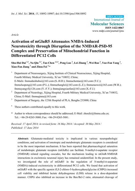 Pdf Activation Of Mglur5 Attenuates Nmda Induced Neurotoxicity