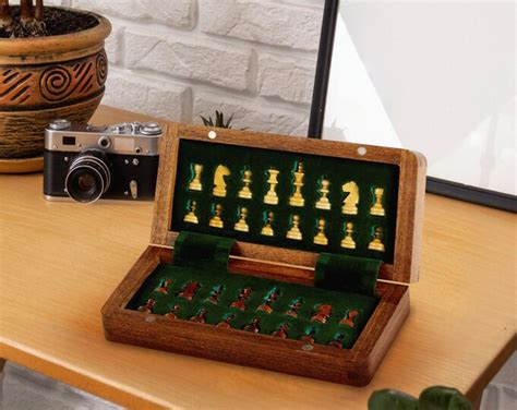 Magnetic Chess With Inlaid Chess Board 18 Cm Mini Wooden - Etsy