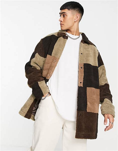 Asos Design Oversized Teddy Shacket In Brown Tonal Patchwork Asos