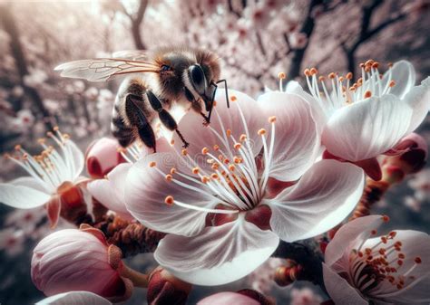 Foto Macro De La Flor De Manzana De Abeja Polinizada Imagen De Archivo