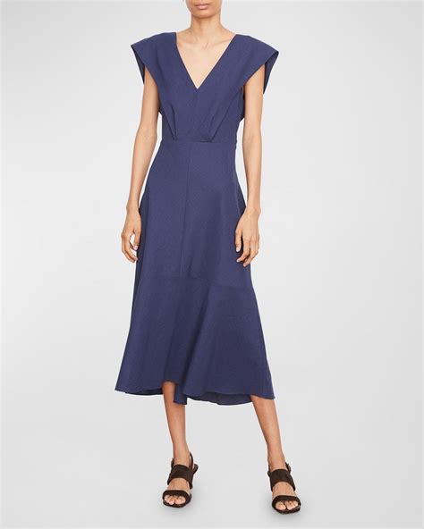 Vince V Neck Tie Back Flutter Sleeve Midi Dress In Blue Lyst