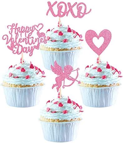 48 Pack Happy Valentine S Day Cupcake Toppers Glitter XOXO Cupid Sweet