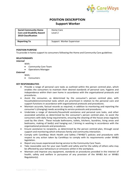 Support Worker Position Description