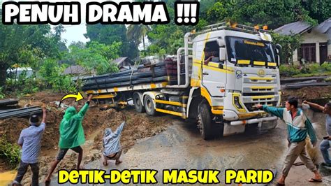 Penuh Drama Ll Detik Detik Truk Trailer Quester Masuk Selokan Truck