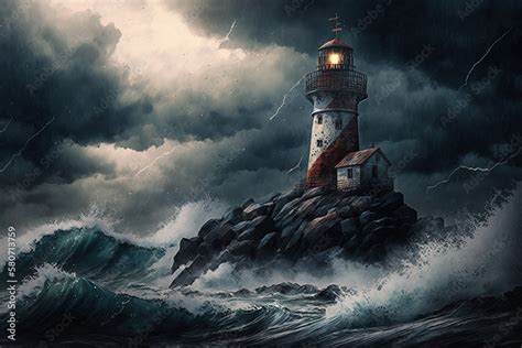 In The Midst Of A Raging Storm A Lighthouse Stands Tall Generative Ai