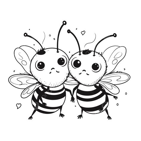 Two Bees Drawn On A White Background With Hearts Outline Sketch Drawing