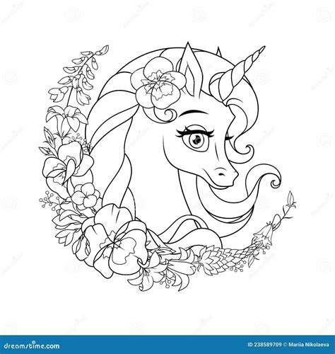 Cute Cartoon Unicorn Surrounded With Flowers Vector Coloring Page