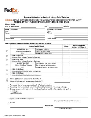 Fedex Shippers Declaration For Section Ii Lithium Cells Batteries