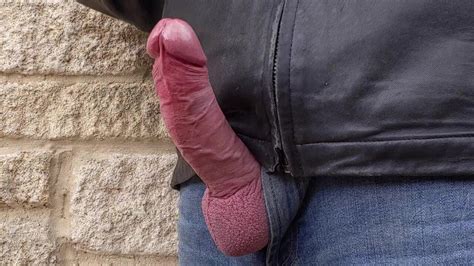 Outdoor Edging Hard Cock Cumming Wearing Leather Jacket And Jeans