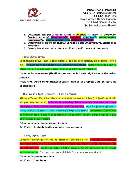 Pràctica 3 Procés PRÀCTICA 3 PROCÉS ASSIGNATURA Dret romà CURS