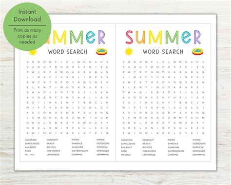 Summer Word Search Printable Summertime Games Fun Summer Etsy