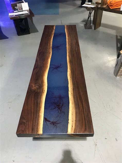 Blue Epoxy Resin Custom Table With Walnut Live Edge Etsy Resin Furniture Wood Resin Table