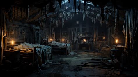 A Night Scene of a Spooky Bedroom Interior in a Haunted House Stock ...