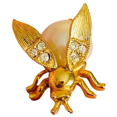 Trembler Bee Wings Move Insect Bug Pin Brooch Rhinestones Vintage Gold