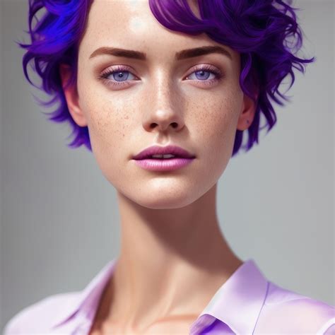 Premium Ai Image A Woman With Purple Hair And Pink Eyes Looks At The