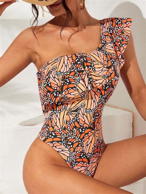 Allover Butterfly Print Ruffle Trim One Piece Swimsuit Shein Usa