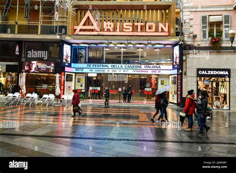 Exterior of the Ariston Theatre, famous for annually hosts the Italian ...