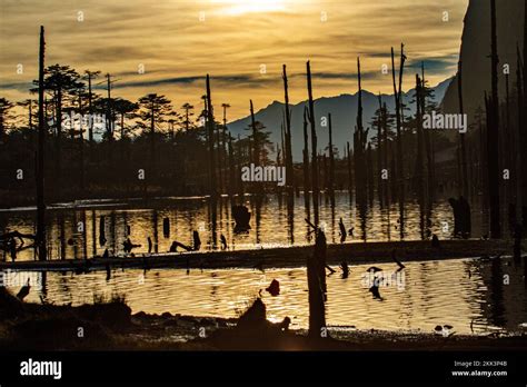 Beautiful Sun Rise In Mountain Lake In Arunachal Pradesh In India With