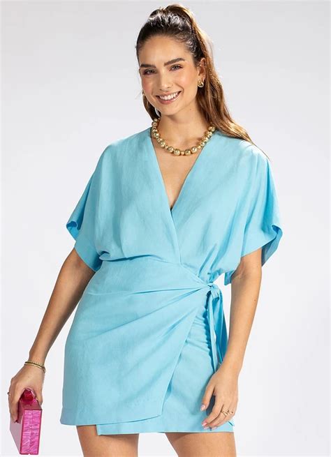 Vestido Curto Em Viscolinho Azul Colcci