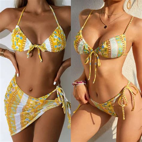 Womens Split Three Piece Skirt Style Lace Up Small Pit Strip Sexy Bikini Three Piece Suit
