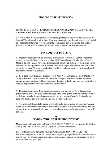 Modelo De Reivindicacion Modelo De Reivindicaci N Se Or Juez De La