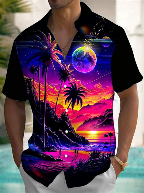 Coconut Tree Moon Print Mens Pocket Short Sleeve Shirts Adaychic