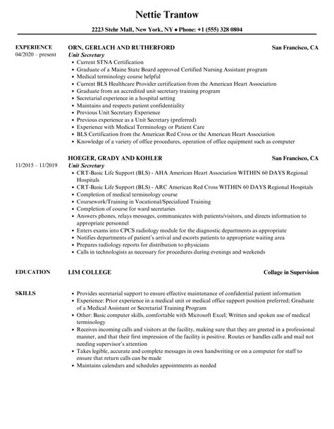 Hospital Unit Secretary Resume