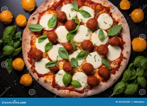 An Overhead Shot Of Pepperoni Pizza With Basil Leaves And Mozzarella