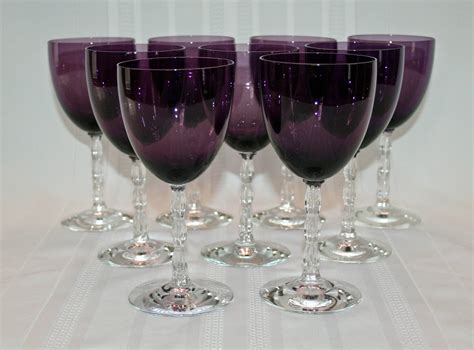 Rare Vintage Fostoria Westchester Crystal Amethyst Wine Glass Set Of 9 Circa 1940s Purple Water