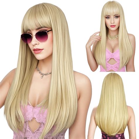 ENTRANCED STYLES Blonde Wig With Bangs Long Straight Wigs For Women Natural Hair Wigs Synthetic
