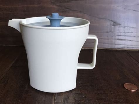 Vintage Tupperware Small Creamer Pitcher White Blue Push Button