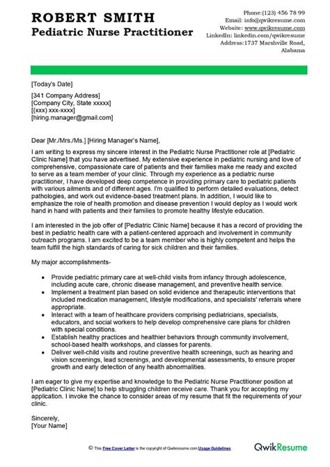 Pediatric Nurse Practitioner Cover Letter Examples QwikResume