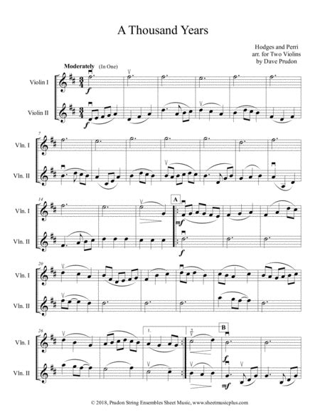 A Thousand Years Arr Dave Prudon By Christina Perri Sheet Music For Violin Duet At Sheet