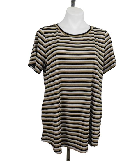 Logo By Lori Goldstein Metallic Stripe Knit Top W Short Sleeves