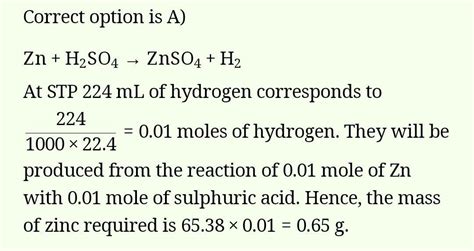 In The Reaction Zn H So Znso H What Weight Of Zn Is Required To