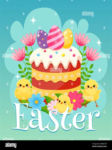 Greeting Poster For Easter Easter Background With Holiday Symbols Yellow Fluffy Chickens