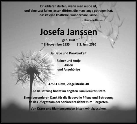 Traueranzeigen Von Josefa Janssen Trauer In Nrw De