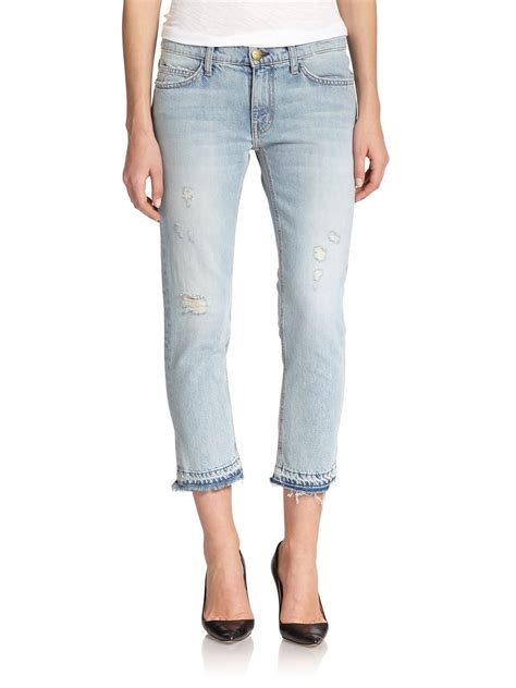 Lyst Current Elliott The Distressed Cropped Straight Leg Jeans In Blue