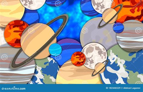 Vector Cartoon Galaxy Space Background Colorful Planets On Dark Blue