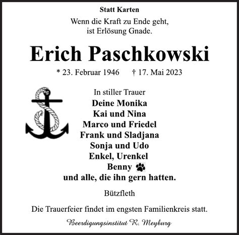 Erich Paschkowski Traueranzeige Stader Tageblatt